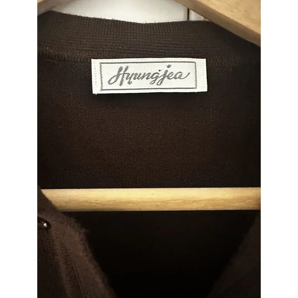 Vintage Hyungjea‎ 100% Wool Polo Sweater Mens Medium Brown Knit Long Sleeve